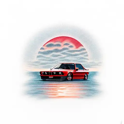 red bmw e30 with sunset background and a palm tree tattoo design idea