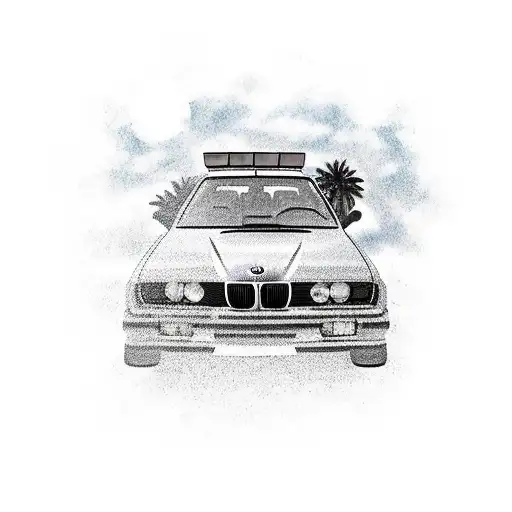 red bmw e30 with sunset background and a palm tree tattoo design idea