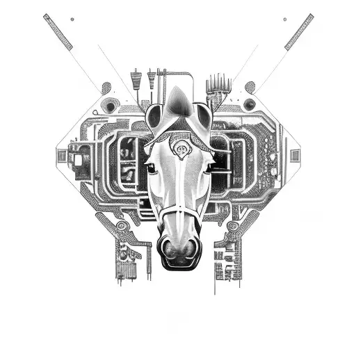 Design a tattoo featuring the Mustang Mach E surrounded by technological circuitry tattoo design idea