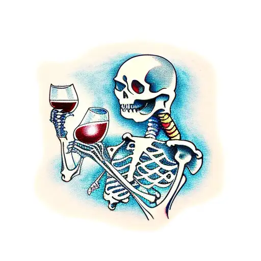skeleton drinking wine tattoo design idea