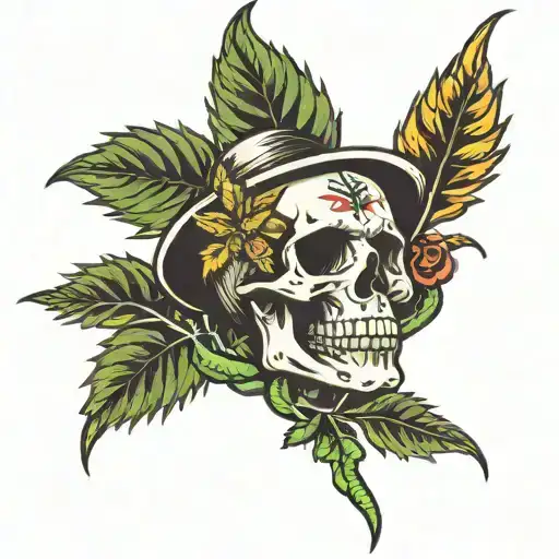 weed leaf with skull surrounded tattoo design idea