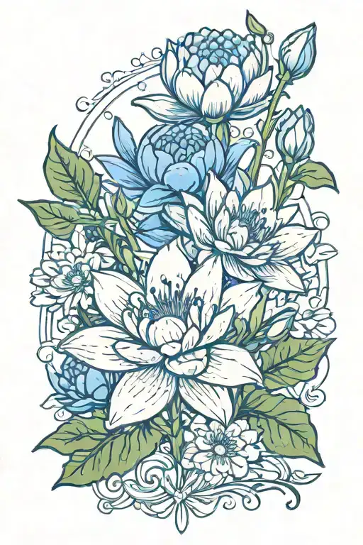 Water lily carnation snowdrop Larkspur tattoo design idea