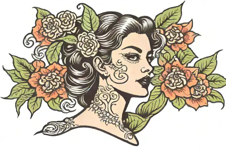 traditional lady head with Venus fly trap tattoo design idea