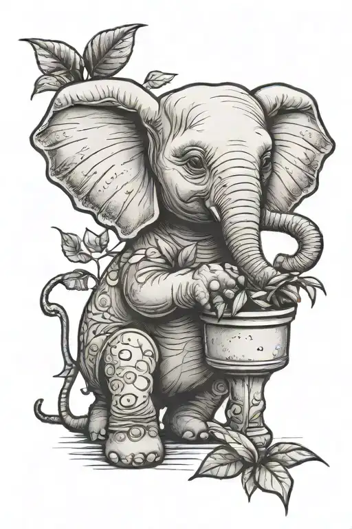baby elephant sitting with a pot plant in front growing tattoo design idea