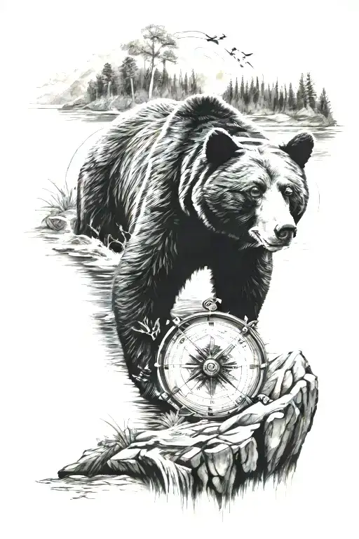 black bear, river, compass, ozarks,  tattoo design idea