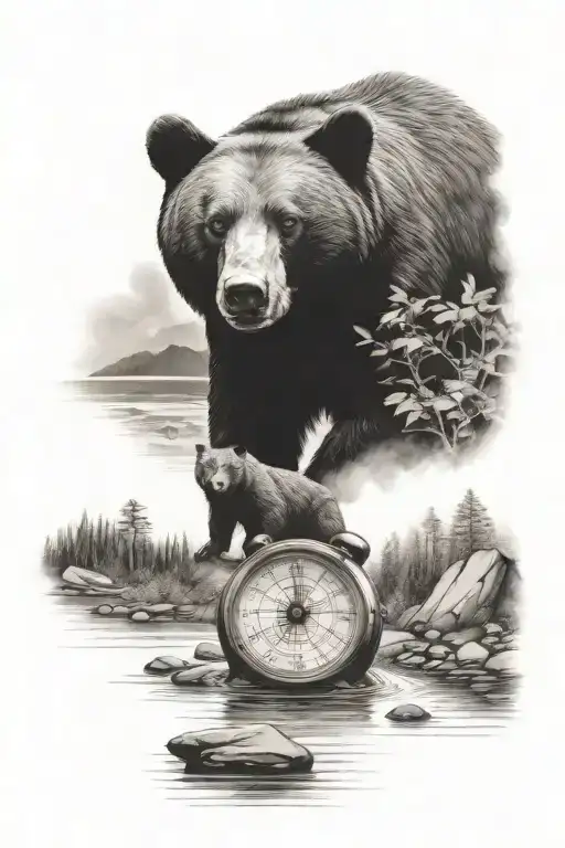 ozarks, black bear, time piece, compass rose,  tattoo design idea