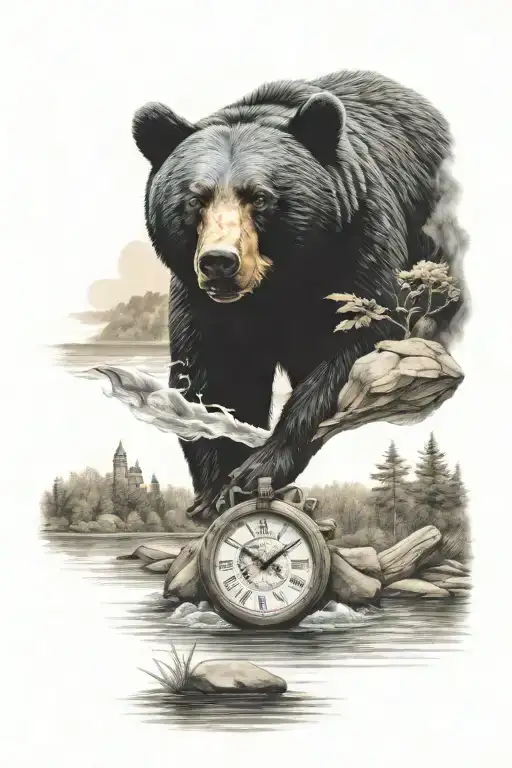 river, ozarks, black bear, time piece tattoo design idea