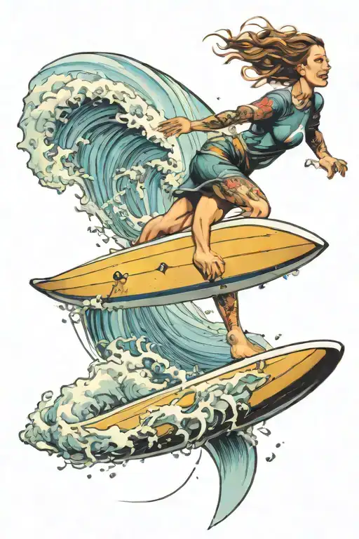 surfing woman riding tattoo design idea