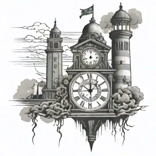 a clocktower with 1976 and 1978 ingraved, there is and anchor and some lightning tattoo design idea