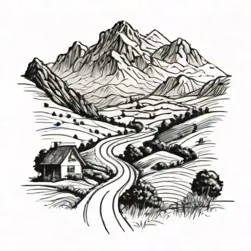 a road in the countryside landscape with mountains in the background, somewhere should be the years 1976 and 1978 tattoo design idea