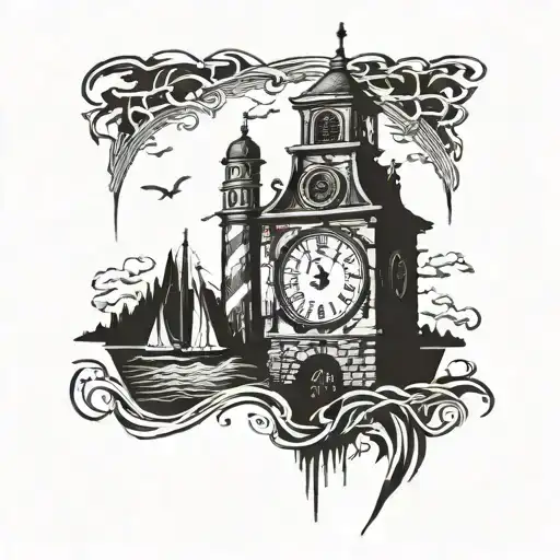 A clocktower with 1976 and 1978 ingraved in it, as well as and anchor ond lightning tattoo design idea