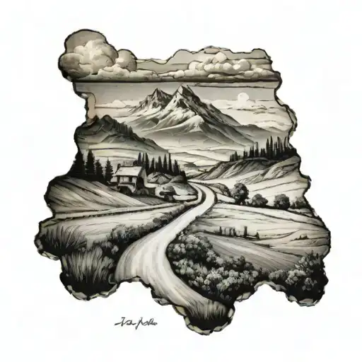 a road in the countryside landscape with mountains in the background, somewhere should be the years 1976 and 1978 tattoo design idea
