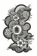 Design of a forearm tattoo with a Japanese theme in which Japanese clouds, the sun, and Japanese flowers appear. tattoo design idea