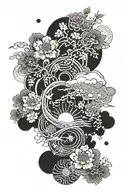 Design of a forearm tattoo with a Japanese theme in which Japanese clouds, the sun, and Japanese flowers appear. tattoo design idea