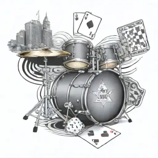 A road leading to Las Vegas with a drum set, playing cards, and dice scattered along the way tattoo design idea