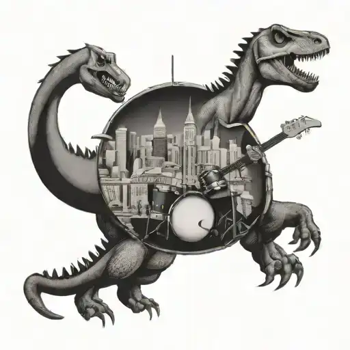 Vegas skyline, dinosaur playing drums tattoo design idea
