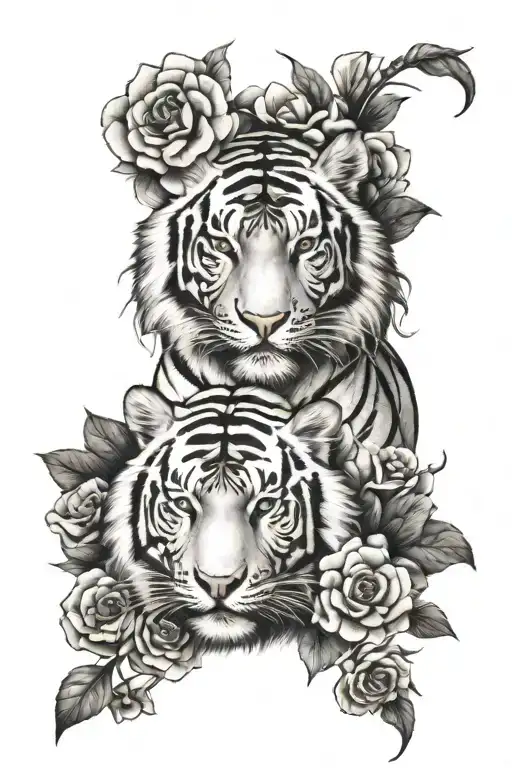 white tiger and flowers intertwined tattoo design idea