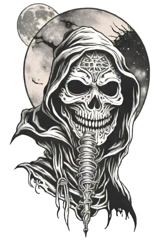 death holding schyte wearing anonymous mask with moon background tattoo design idea
