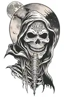 death holding schyte wearing anonymous mask with moon background tattoo design idea