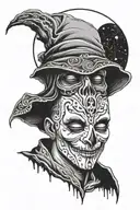 death holding schyte wearing anonymous mask with moon background tattoo design idea