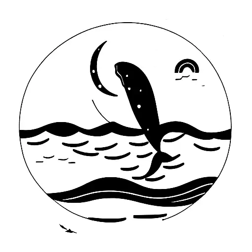 medium panel w/ whale tale facing down and crashing waves and moon above tattoo design idea