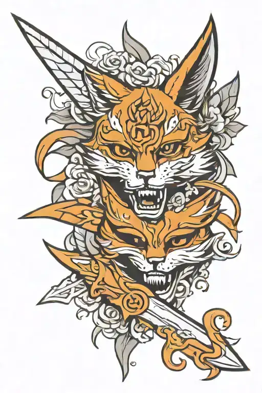 Neo traditional dagger and mask kitsune flash style tattoo design idea
