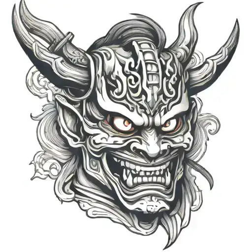 symmetrical hannya mask with squinted and bloodshot eyes, a samurai sword in his mouth and wearing a samurai helmet tattoo design idea