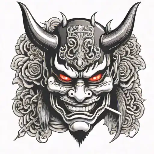 symmetrical hannya mask with squinted and bloodshot eyes, wearing a samurai helmet in his mouth and a samurai sword tattoo design idea
