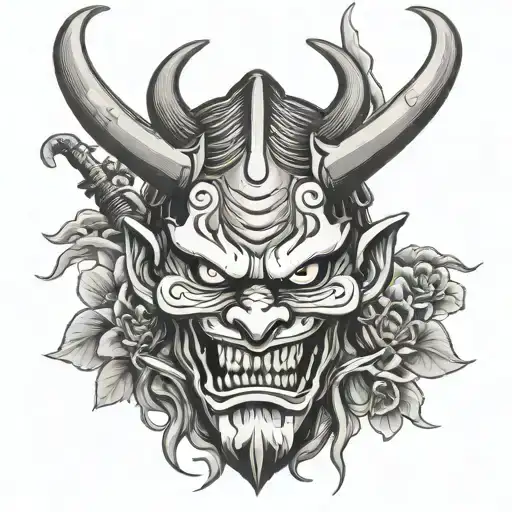 symmetrical hannya mask with squinted and bloodshot eyes, wearing a samurai sword in his mouth and a samurai helmet tattoo design idea