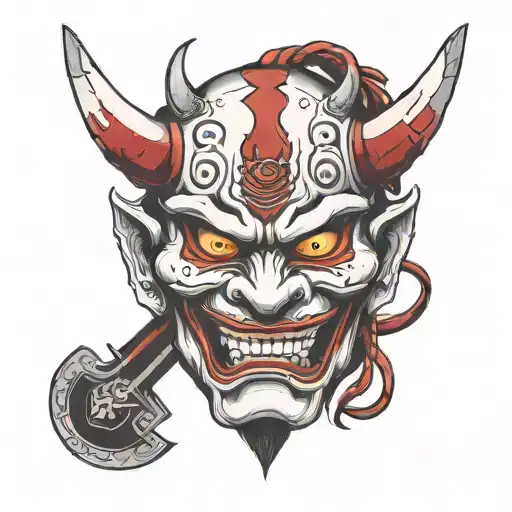 symmetrical hannya mask with squinted and bloodshot eyes, wearing a samurai helmet in his mouth and a samurai sword tattoo design idea