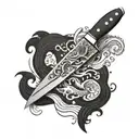 A chef's knife surrounded by swirling waves and sea creatures tattoo design idea