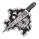 A chef's knife surrounded by swirling waves and sea creatures tattoo design idea