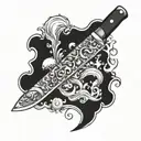 A chef's knife surrounded by swirling waves and sea creatures tattoo design idea