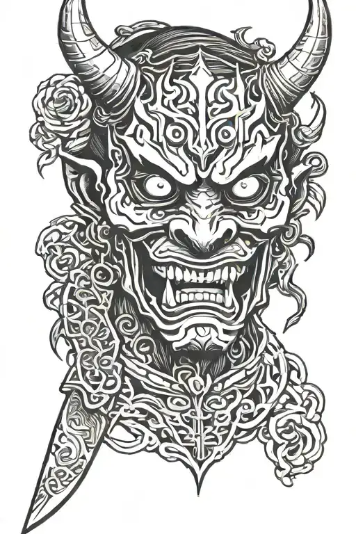 oni demon mask with a knife piercing and black smoke  tattoo design idea