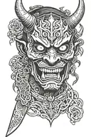 oni demon mask with a knife piercing and black smoke  tattoo design idea