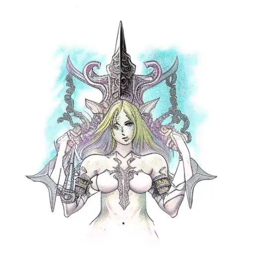Maiden astraea from demon's souls game, with Garl Vinland sitting on the ground next to her tattoo design idea