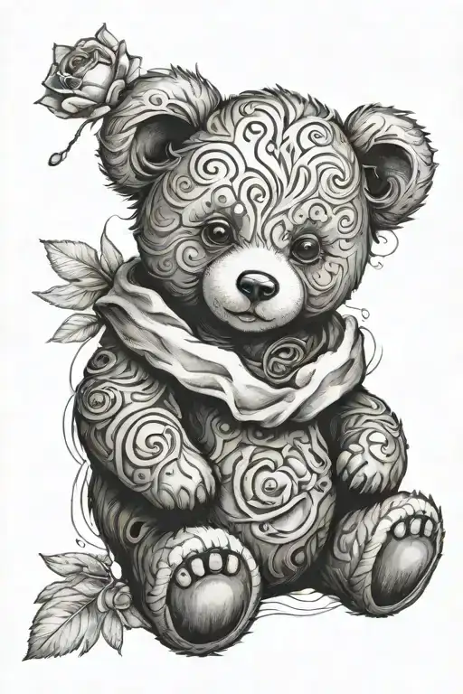 a teddy bear and a woman's eyes tattoo design idea