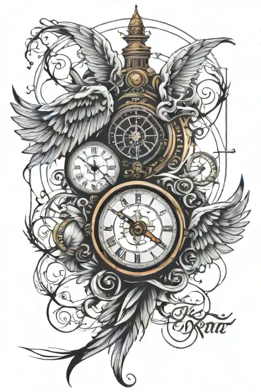 Full sleeve black and white arm tattoo with a compass clock, and angel wings with Roman numerals tattoo design idea