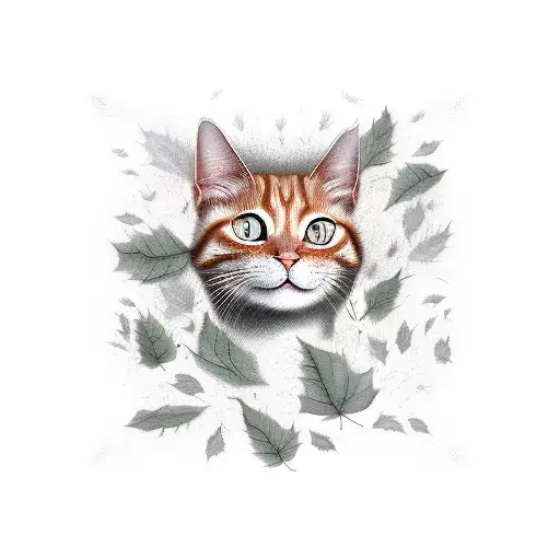 ginger cat playing in autumn leaves tattoo design idea