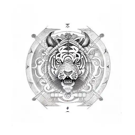 Aries Sagittarius Leo astrology fiery grand trine with tiger face in middle tattoo design idea