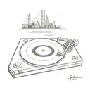 A minimalist tattoo of a turntable with a cityscape of Lisbon in the background, symbolizing your love for techno music and Portugal tattoo design idea