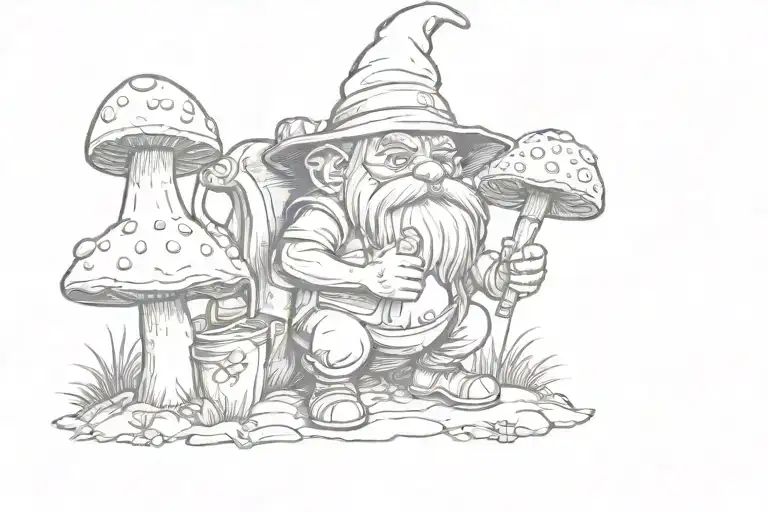 gnome, standing, smoking a bong,leaning up against a mushroom tattoo design idea