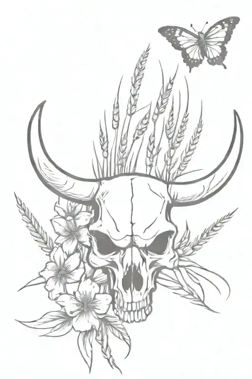 longhorn scull, barb wire, wheat, butterflies, flowers  tattoo design idea