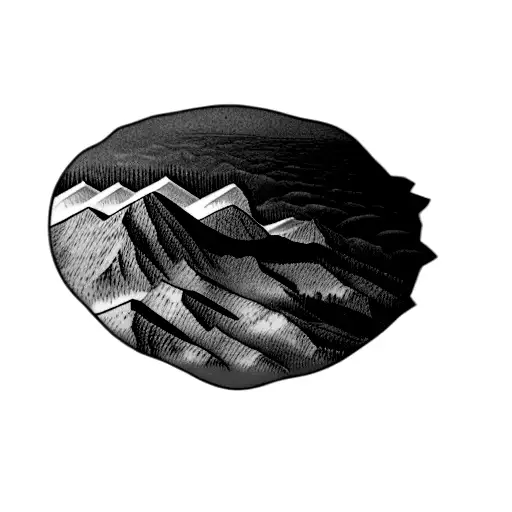 a mountain, zoomed out view from a bird's perspective with highway/freeway and city skyline in view, less detailed tattoo design idea