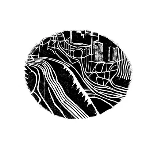 Zoomed out view from a bird's perspective (top down) with highway/freeway, city skyline, and mountains in view, colored tattoo design idea