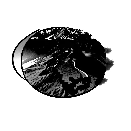 a mountain, zoomed out view from a bird's perspective with highway/freeway and city skyline in view tattoo design idea