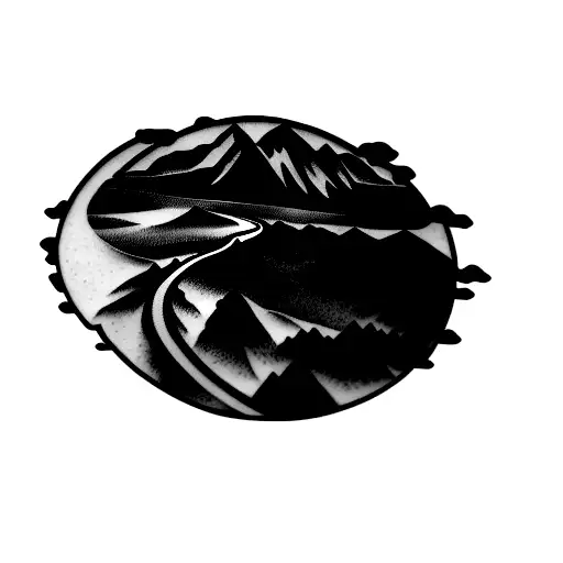 a mountain, zoomed out view from a bird's perspective with highway/freeway and city skyline in view tattoo design idea