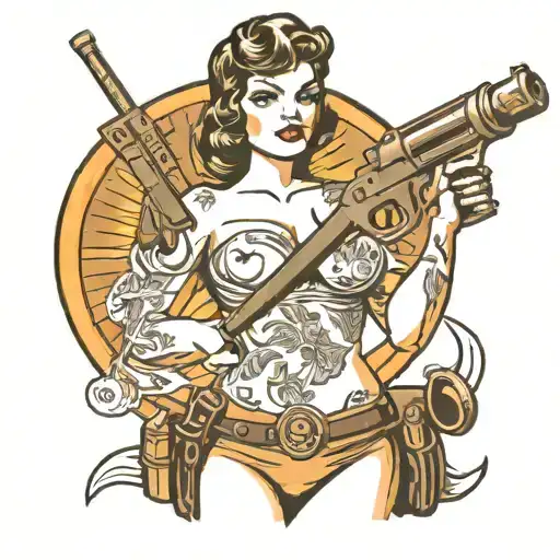nude woman busty holding minigun  tattoo design idea