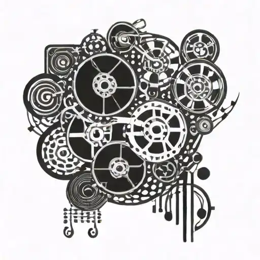 70's style movie reel with trippy patterns and jazz music notes tattoo design idea