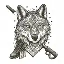 A Nordic wolf symbolizing family loyalty, surrounded by hiking gear and sheriff's tools tattoo design idea